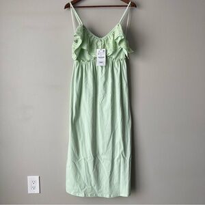 Zara 100% Cotton Green Ruffle Maxi Dress Small